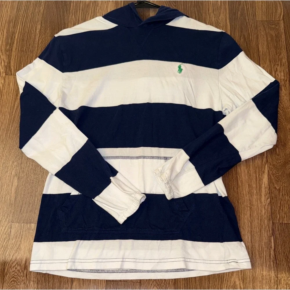 Polo Ralph Lauren Boys Navy White Striped Hooded Long Sleeve TShirt Size L 14-16